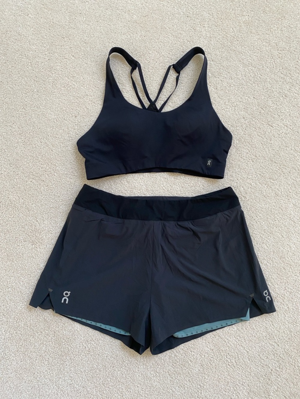 On Running Women's Black Athletic Shorts with Teal Accent & Sports Bra Set